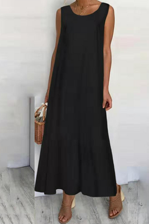 Momentlover Casual Solid Patchwork Flounce O Neck A Line Dresses