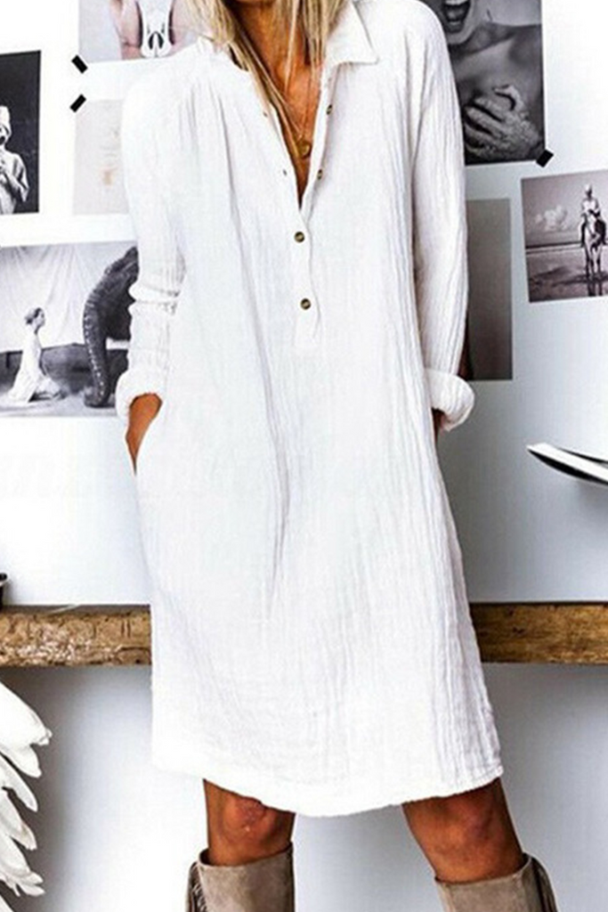 Momentlover Casual Street Solid Buckle Turndown Collar Dresses(3 Colors)