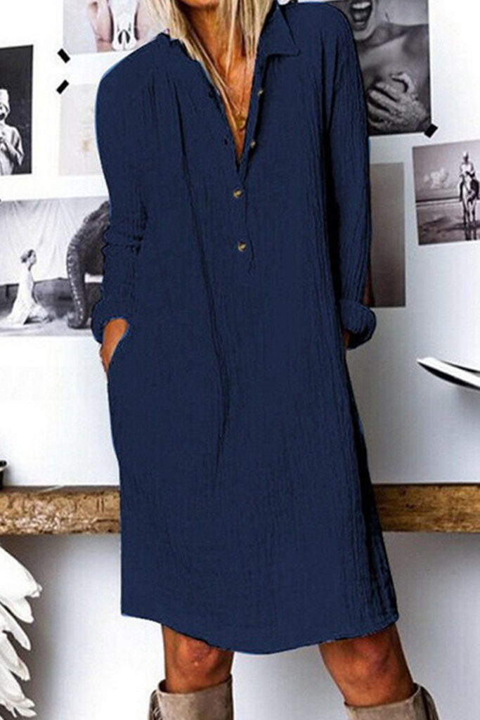 Momentlover Casual Street Solid Buckle Turndown Collar Dresses(3 Colors)