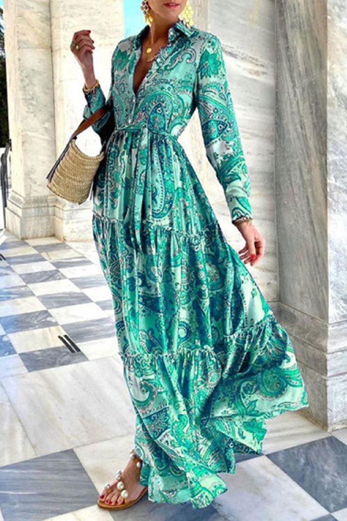 Momentlover Street Print Patchwork Buckle POLO collar A Line Dresses