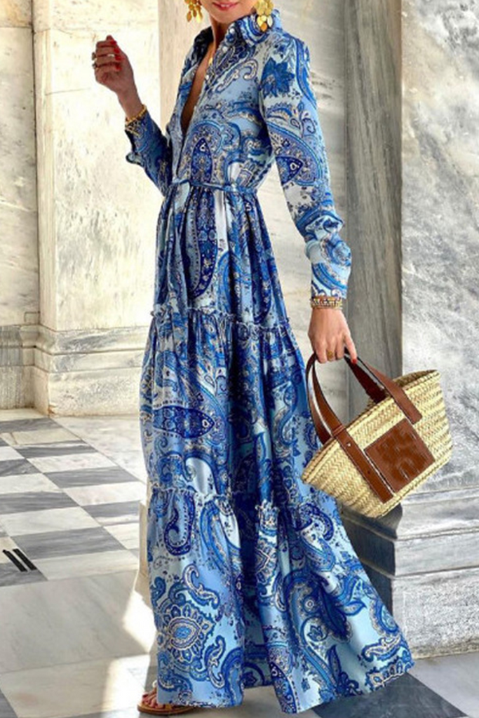 Momentlover Street Print Patchwork Buckle POLO collar A Line Dresses