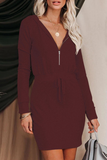 Momentlover Elegant Solid Frenulum Zipper Hooded Collar Wrapped Skirt Dresses(5 Colors)