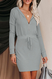 Momentlover Elegant Solid Frenulum Zipper Hooded Collar Wrapped Skirt Dresses(5 Colors)
