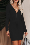 Momentlover Elegant Solid Frenulum Zipper Hooded Collar Wrapped Skirt Dresses(5 Colors)