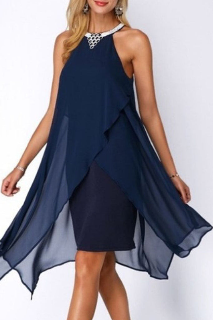 Momentlover Fashion Street Solid Patchwork O Neck Pencil Skirt Dresses
