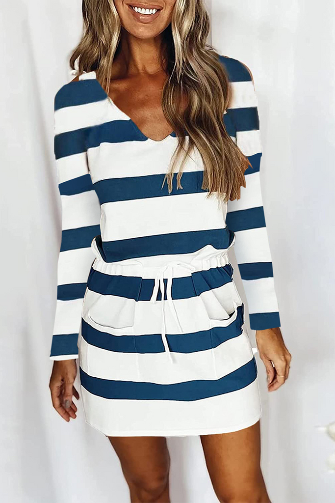 Momentlover Casual Color Lump Draw String Frenulum V Neck Waist Skirt Dresses(6 Colors)