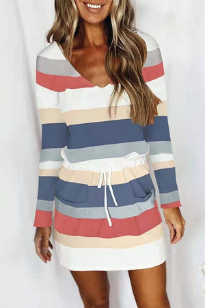 Momentlover Casual Color Lump Draw String Frenulum V Neck Waist Skirt Dresses(6 Colors)