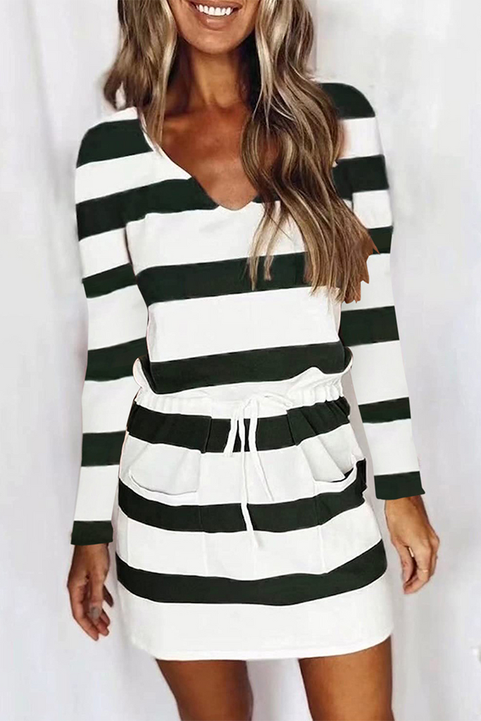 Momentlover Casual Color Lump Draw String Frenulum V Neck Waist Skirt Dresses(6 Colors)