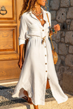 Momentlover Casual Solid Pocket Buckle Turndown Collar Dresses