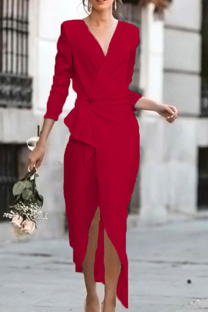 Momentlover Fashion Celebrities Solid Patchwork V Neck Pencil Skirt Dresses(5 Colors)