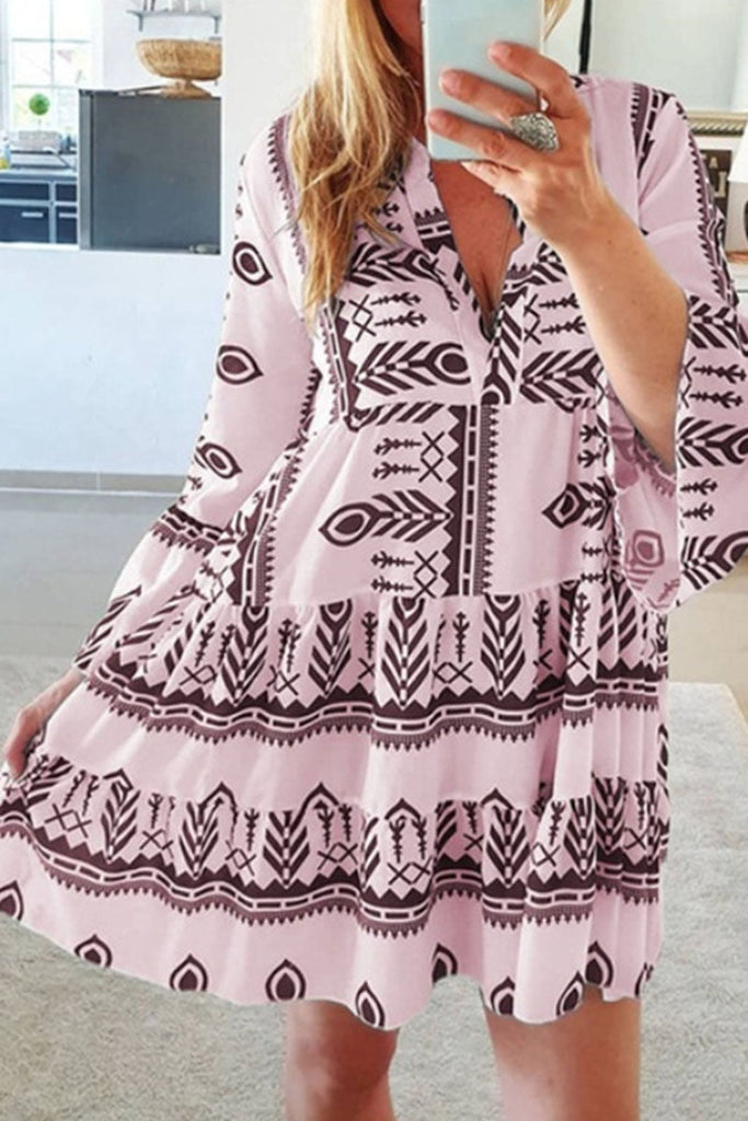 Momentlover Fashion Sweet Print Patchwork V Neck Princess Dresses(4 Colors)