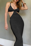 Momentlover Elegant Solid Patchwork Backless V Neck Evening Dress Dresses