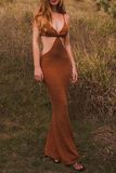 Momentlover Elegant Solid Patchwork Backless V Neck Evening Dress Dresses