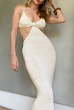 Momentlover Elegant Solid Patchwork Backless V Neck Evening Dress Dresses