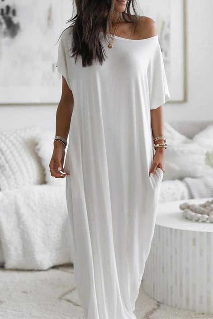 Momentlover Casual Solid Pocket Slit O Neck Dresses