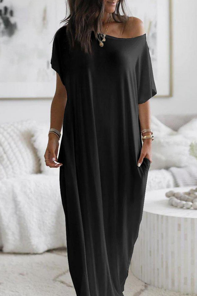 Momentlover Casual Solid Pocket Slit O Neck Dresses
