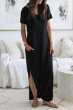 Momentlover Casual Solid Pocket Slit O Neck Dresses