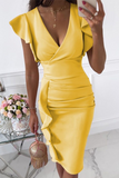 Momentlover Fashion Elegant Solid Flounce Fold V Neck Wrapped Skirt Dresses(9 Colors)