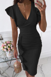 Momentlover Fashion Elegant Solid Flounce Fold V Neck Wrapped Skirt Dresses(9 Colors)