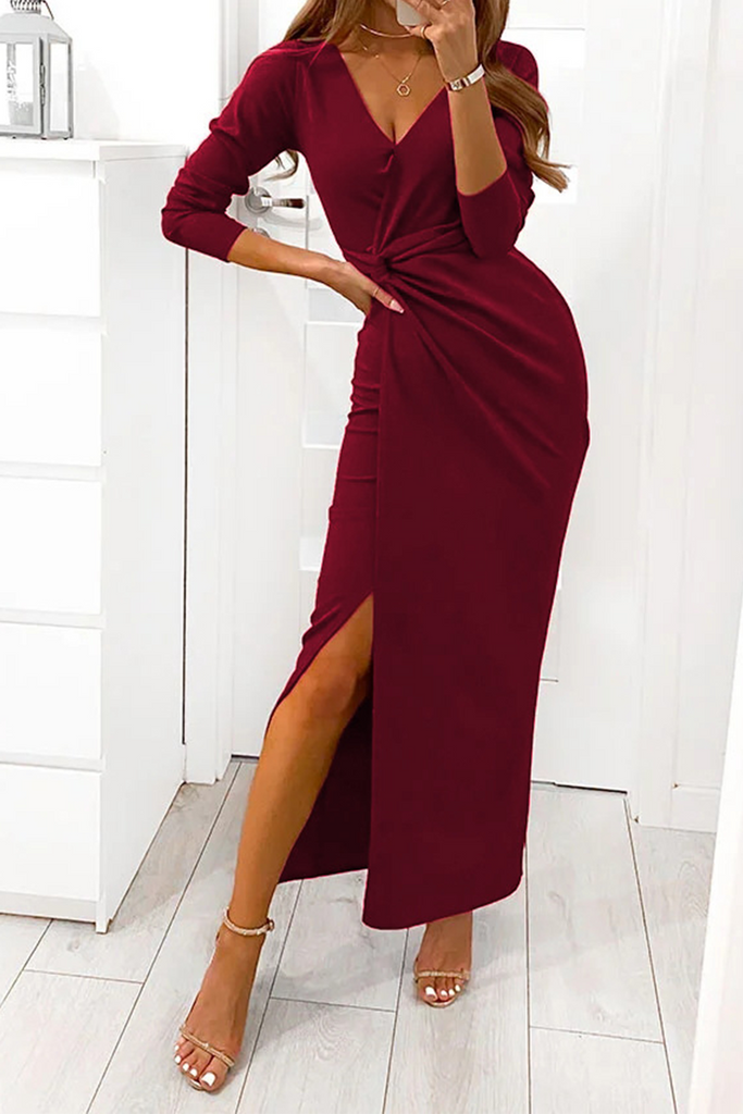 Momentlover Elegant Solid Slit Fold V Neck Evening Dress Dresses(4 Colors)