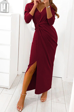 Momentlover Elegant Solid Slit Fold V Neck Evening Dress Dresses(4 Colors)