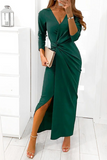 Momentlover Elegant Solid Slit Fold V Neck Evening Dress Dresses(4 Colors)