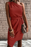 Momentlover Elegant Solid Patchwork Strap Design One Shoulder Irregular Dress Dresses(6 Colors)