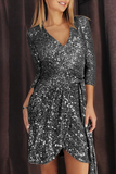 Momentlover Fashion Elegant Solid Frenulum Sequins V Neck Pencil Skirt Dresses