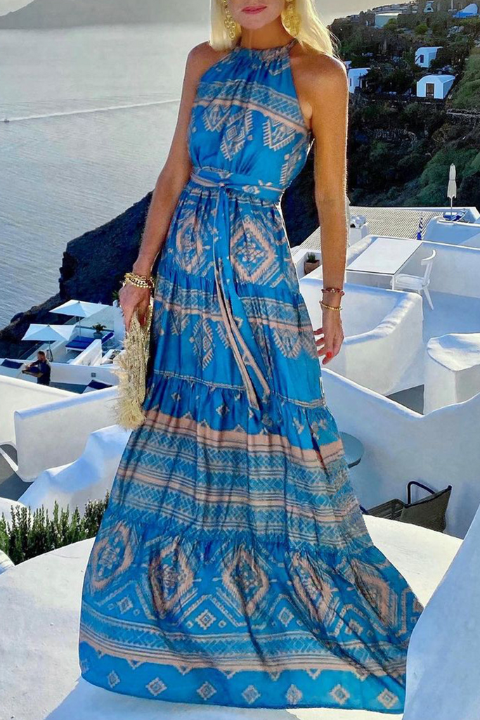 Momentlover Elegant Vacation Print Patchwork Frenulum Halter Waist Skirt Dresses