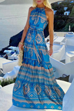 Momentlover Elegant Vacation Print Patchwork Frenulum Halter Waist Skirt Dresses