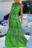 Momentlover Elegant Vacation Print Patchwork Frenulum Halter Waist Skirt Dresses