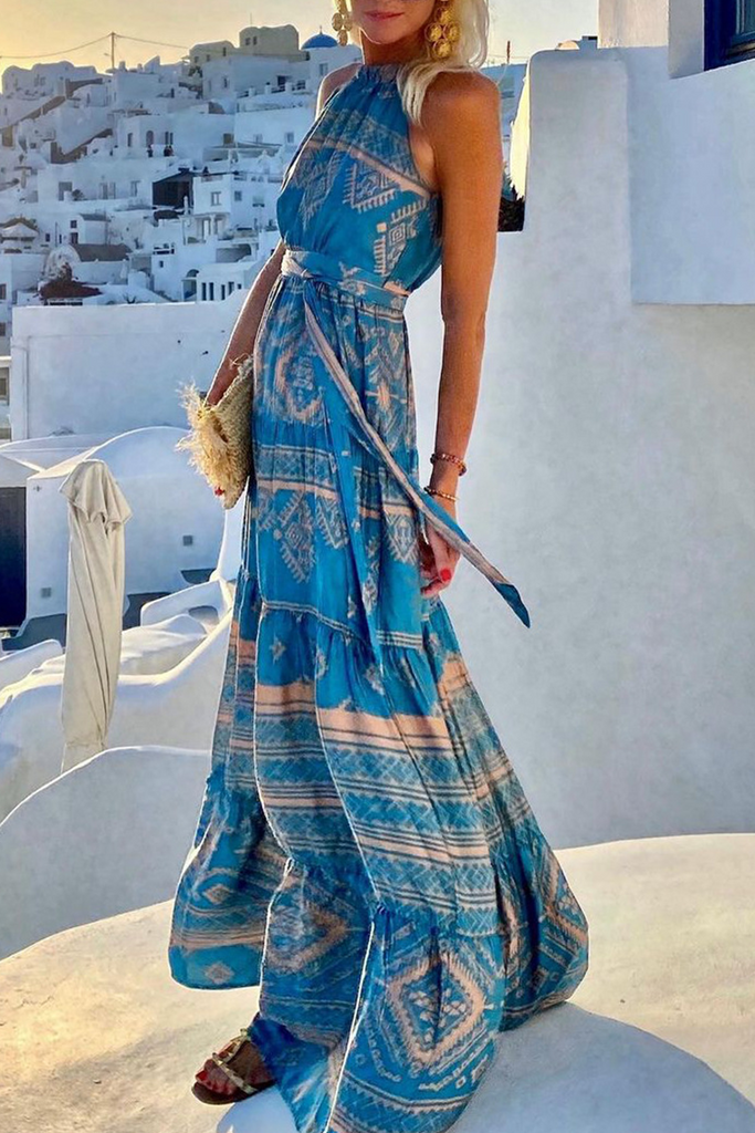 Momentlover Elegant Vacation Print Patchwork Frenulum Halter Waist Skirt Dresses