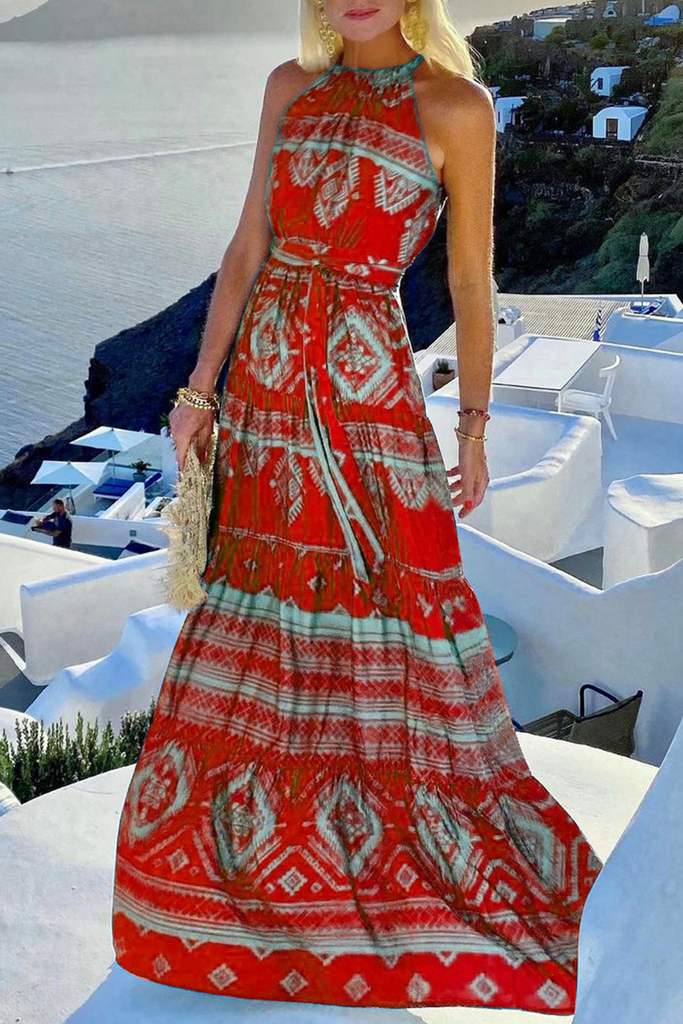 Momentlover Elegant Vacation Print Patchwork Frenulum Halter Waist Skirt Dresses