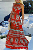Momentlover Elegant Vacation Print Patchwork Frenulum Halter Waist Skirt Dresses