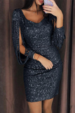 Momentlover Fashion Elegant Patchwork Tassel Sequins V Neck Wrapped Skirt Dresses