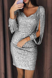 Momentlover Fashion Elegant Patchwork Tassel Sequins V Neck Wrapped Skirt Dresses