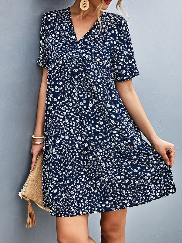 Momentlover Split-Joint Flower Print Short Sleeves V-Neck Mini Dresses
