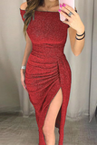 Momentlover Fashion Elegant Solid Slit Sequined Off the Shoulder Wrapped Skirt Dresses