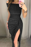 Momentlover Fashion Elegant Solid Slit Sequined Off the Shoulder Wrapped Skirt Dresses
