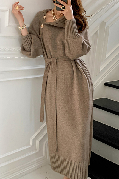 Momentlover Casual Elegant Solid Buckle With Belt Turtleneck Dresses