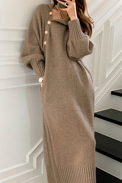 Momentlover Casual Elegant Solid Buckle With Belt Turtleneck Dresses