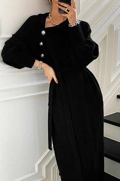 Momentlover Casual Elegant Solid Buckle With Belt Turtleneck Dresses