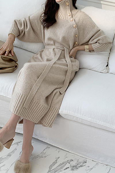 Momentlover Casual Elegant Solid Buckle With Belt Turtleneck Dresses