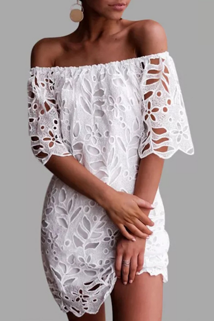 Momentlover Elegant Solid Lace Hollowed Out Off the Shoulder Dresses