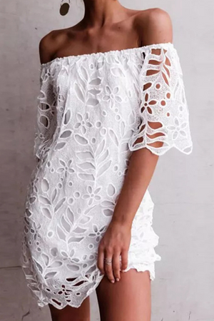 Momentlover Elegant Solid Lace Hollowed Out Off the Shoulder Dresses