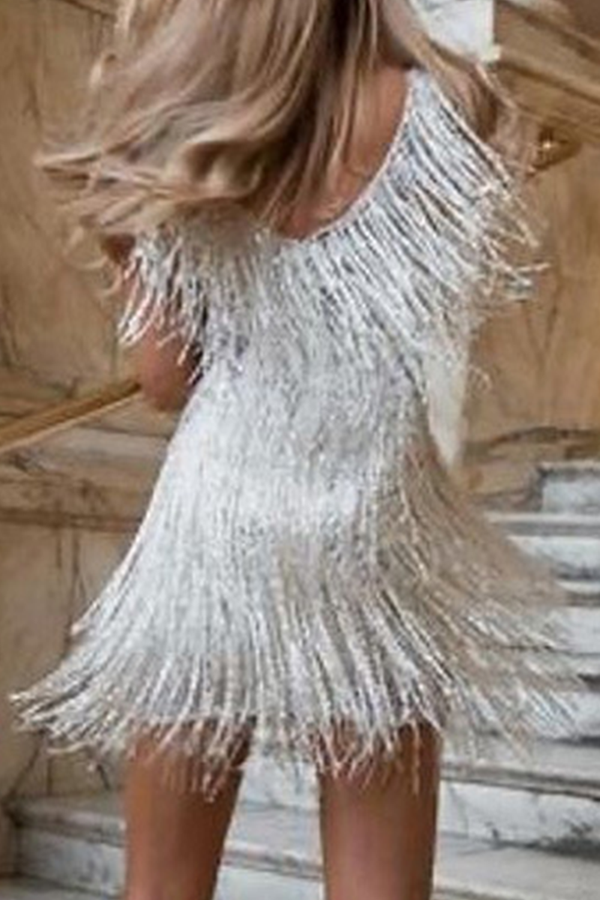 Momentlover Fashion Elegant Solid Tassel Patchwork V Neck Evening Dress Dresses(4 Colors)