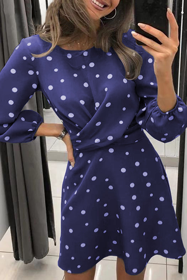 Momentlover Casual Polka Dot Patchwork Fold O Neck Waist Skirt Dresses(4 Colors)