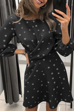 Momentlover Casual Polka Dot Patchwork Fold O Neck Waist Skirt Dresses(4 Colors)