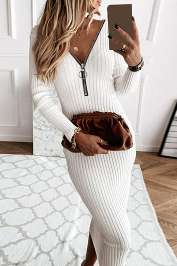 Momentlover Fashion Elegant Solid Patchwork Zipper V Neck Pencil Skirt Dresses(3 Colors)