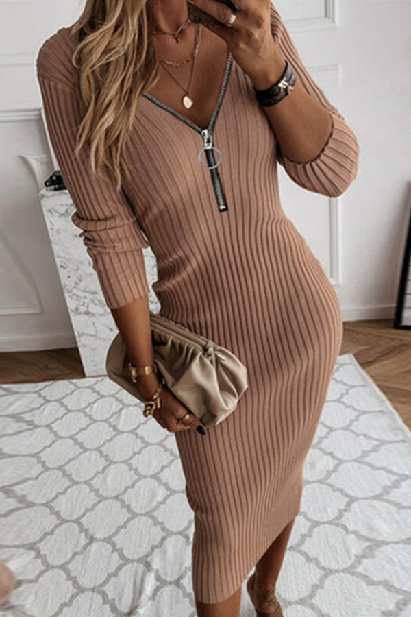 Momentlover Fashion Elegant Solid Patchwork Zipper V Neck Pencil Skirt Dresses(3 Colors)